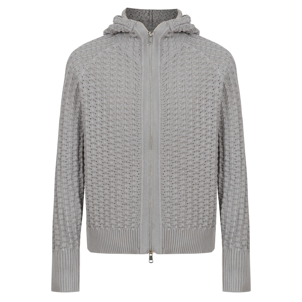 Men’s Zip Up Hooded Hollow Out Knit Cardigan, Breathable Mesh Knit Jacket