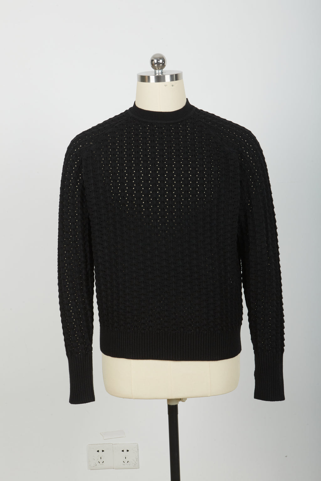 Men’s Crew Neck Hollow Out Knit Sweater, Long Sleeve Breathable Mesh Knit Top
