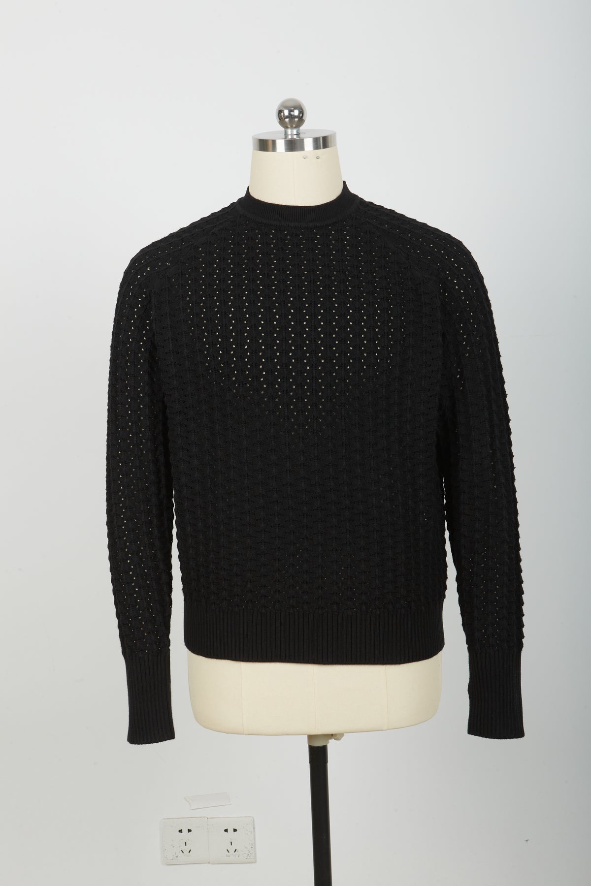 Men’s Crew Neck Hollow Out Knit Sweater, Long Sleeve Breathable Mesh Knit Top