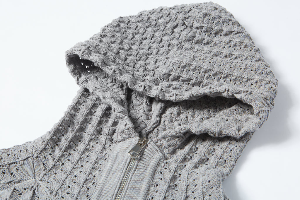 Men’s Zip Up Hooded Hollow Out Knit Cardigan, Breathable Mesh Knit Jacket