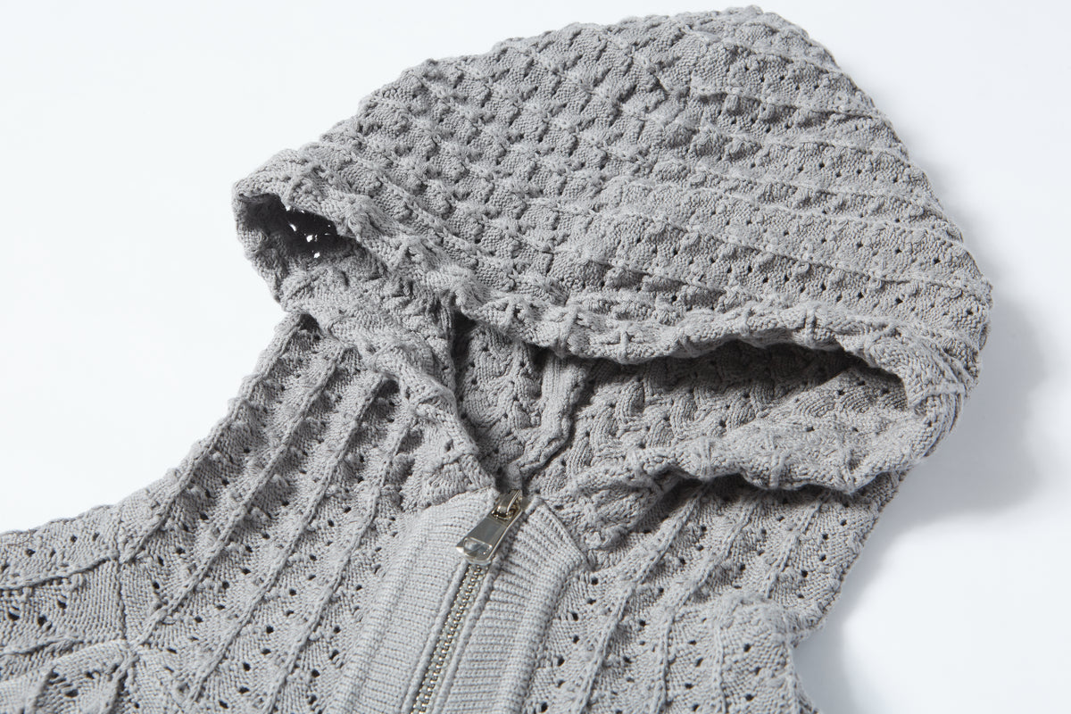 Men’s Zip Up Hooded Hollow Out Knit Cardigan, Breathable Mesh Knit Jacket