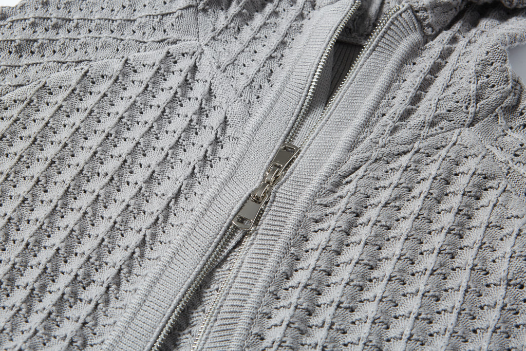 Men’s Zip Up Hooded Hollow Out Knit Cardigan, Breathable Mesh Knit Jacket