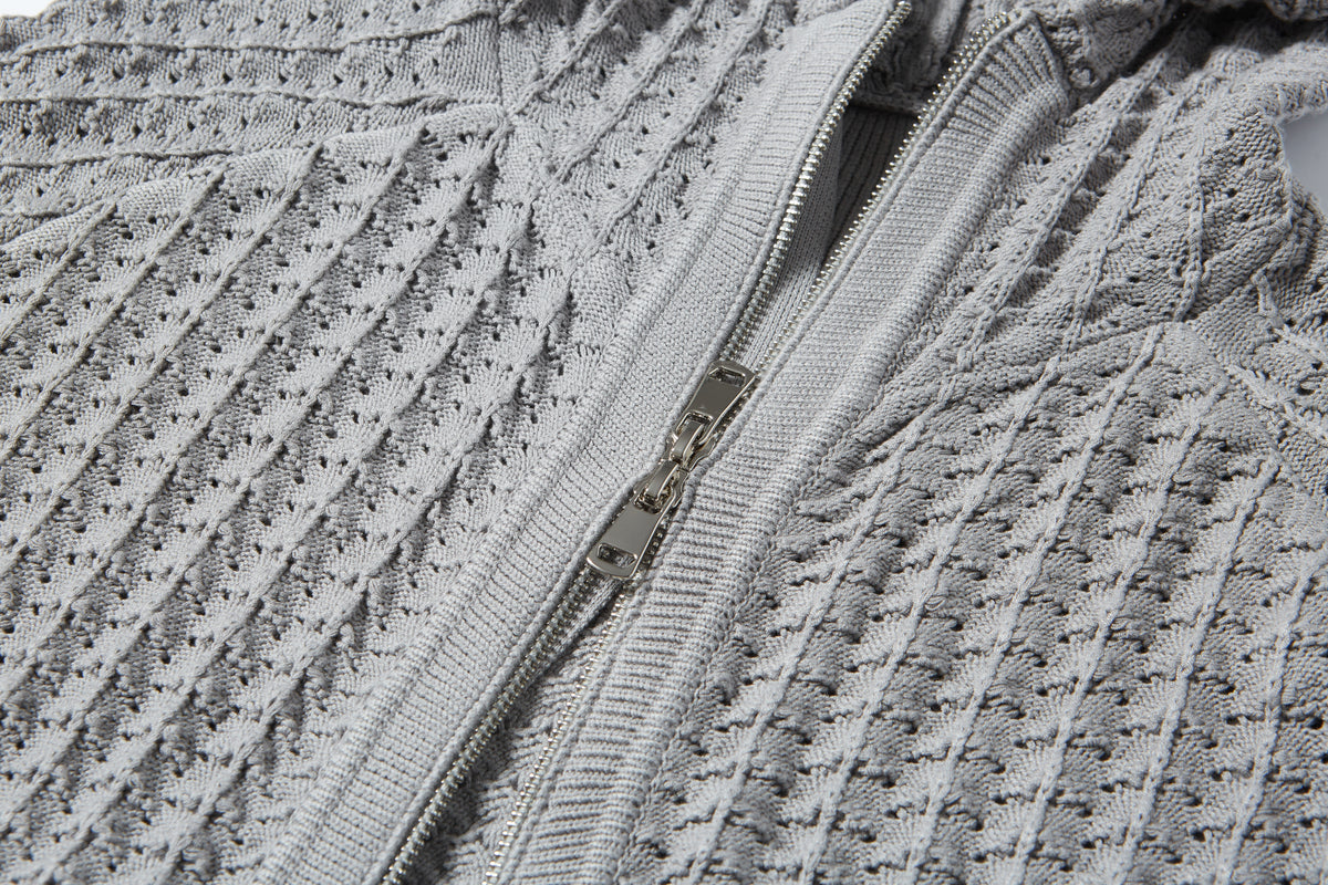 Men’s Zip Up Hooded Hollow Out Knit Cardigan, Breathable Mesh Knit Jacket