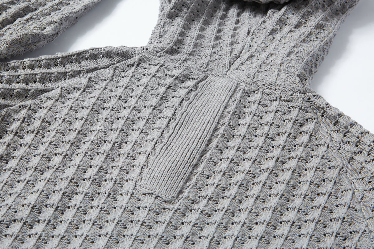 Men’s Zip Up Hooded Hollow Out Knit Cardigan, Breathable Mesh Knit Jacket