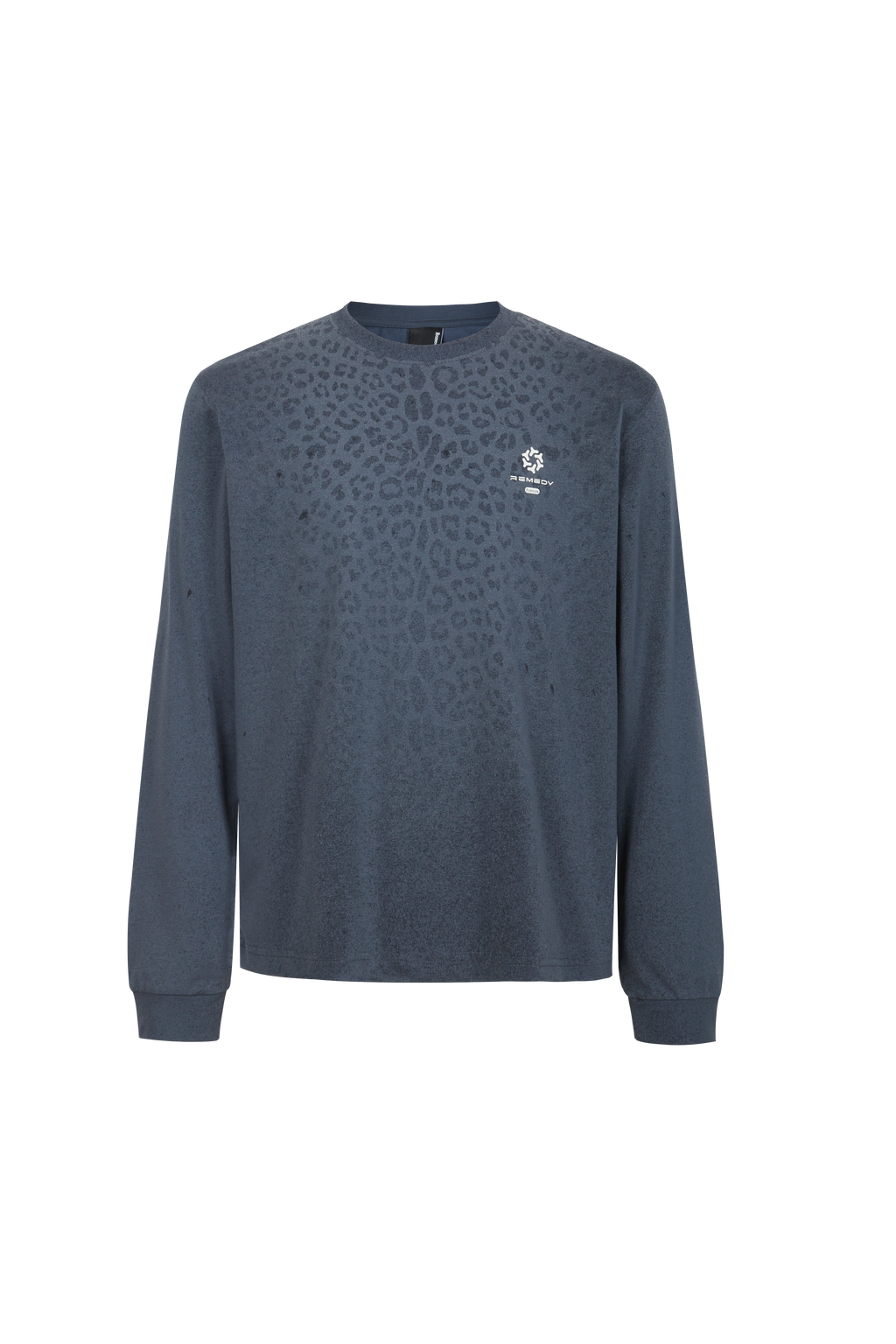 REMEDY Gradient Leopard Print Long Sleeve Tee, Minimal Logo Crew Neck Casual Loose Base Shirt