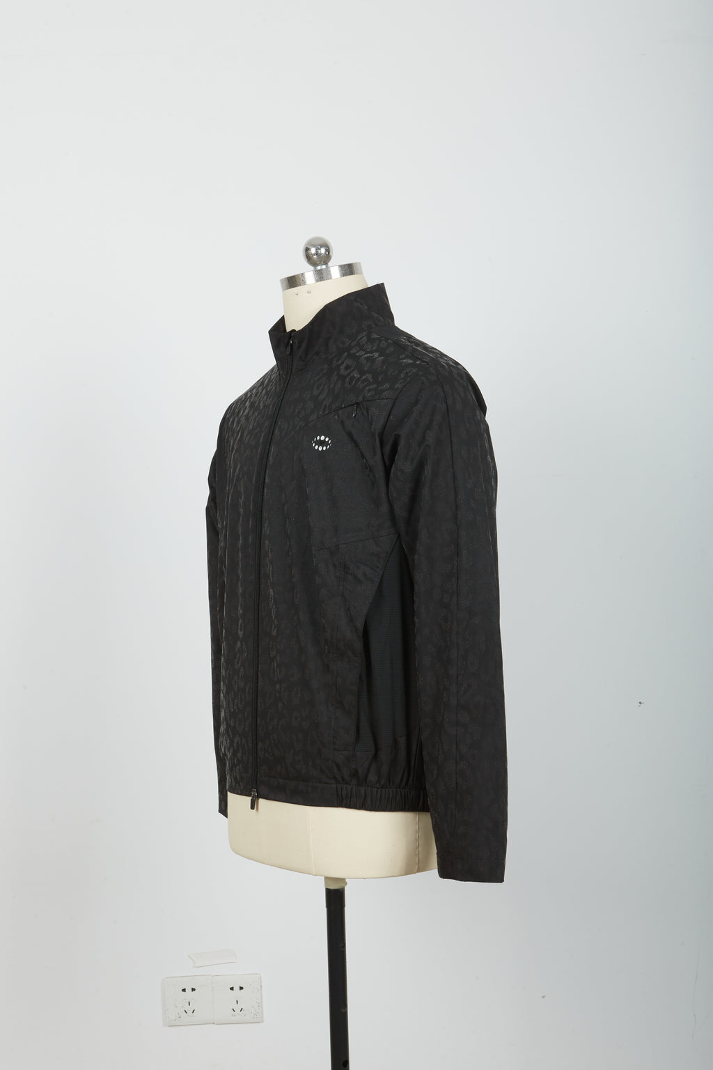Men’s Stand Collar Wind Jacket, Solid Black & Black Leopard Print Jacket with Back Reflective Graphic