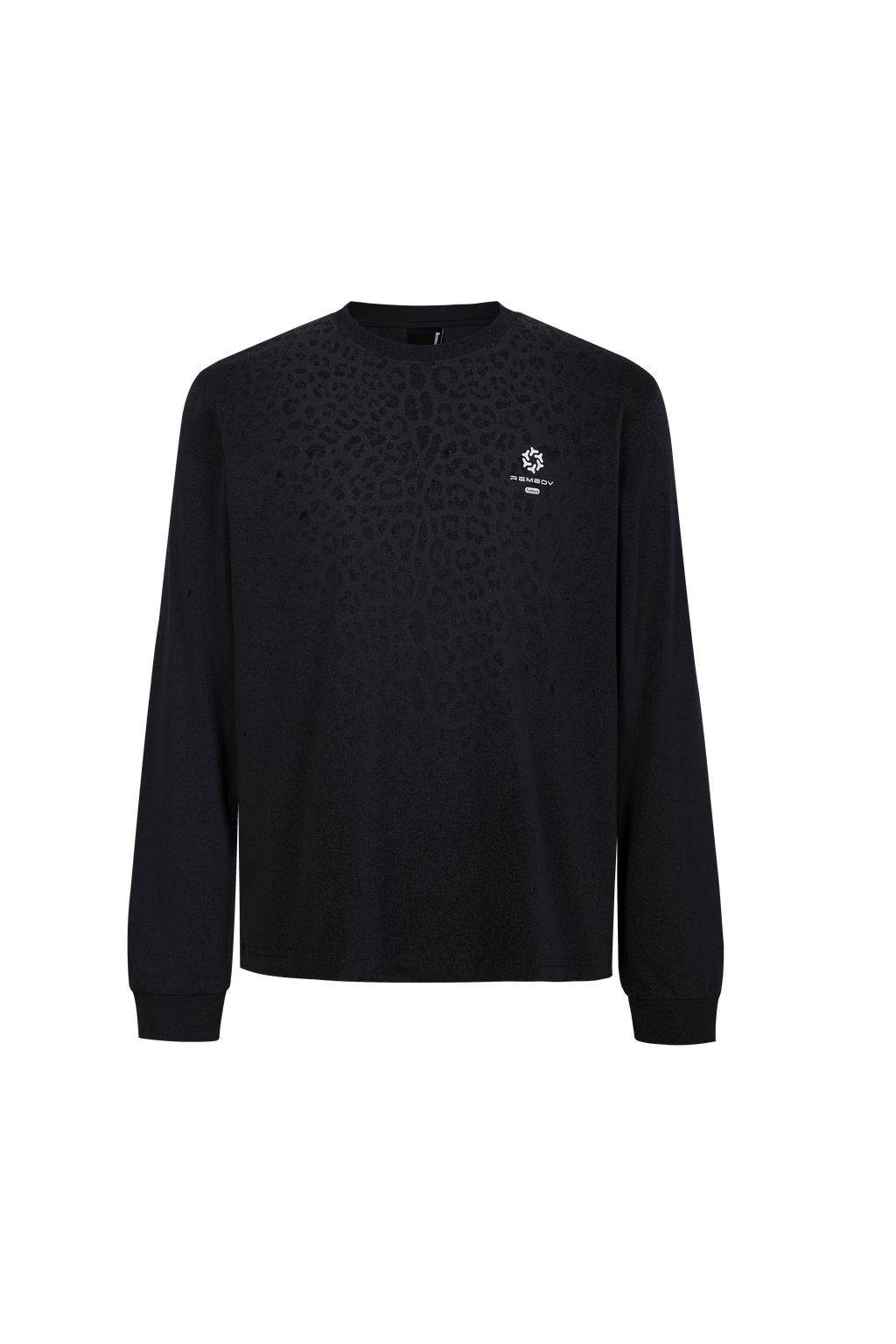 REMEDY Gradient Leopard Print Long Sleeve Tee, Minimal Logo Crew Neck Casual Loose Base Shirt