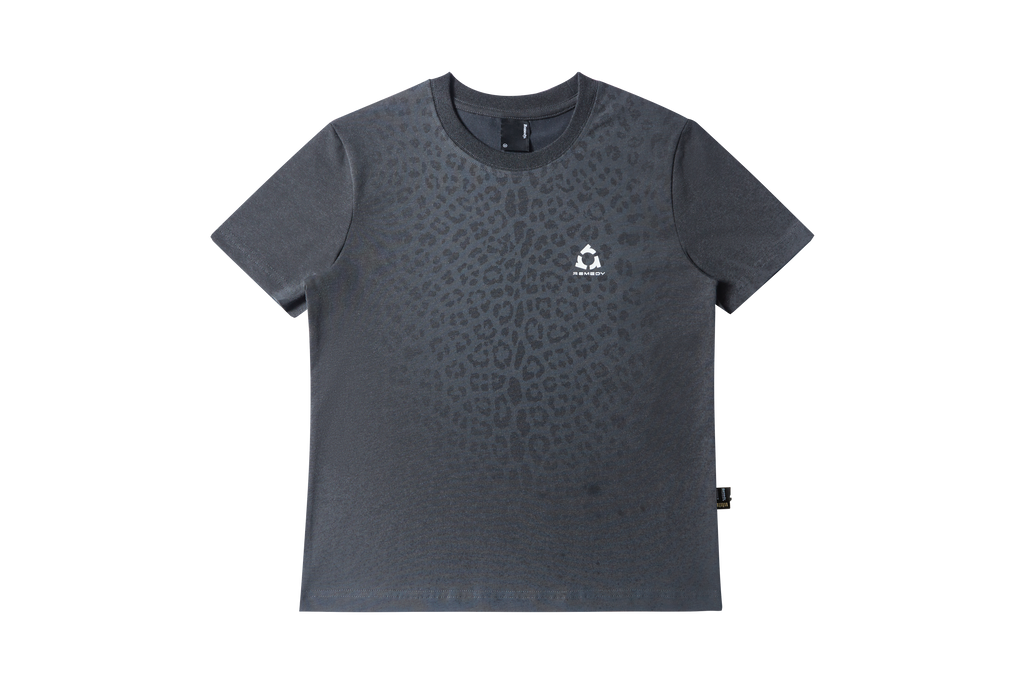 Fitted Crew Neck T-Shirt, Solid & Faded Leopard Print Short Sleeve Tee, Remedy Logo Basic Top