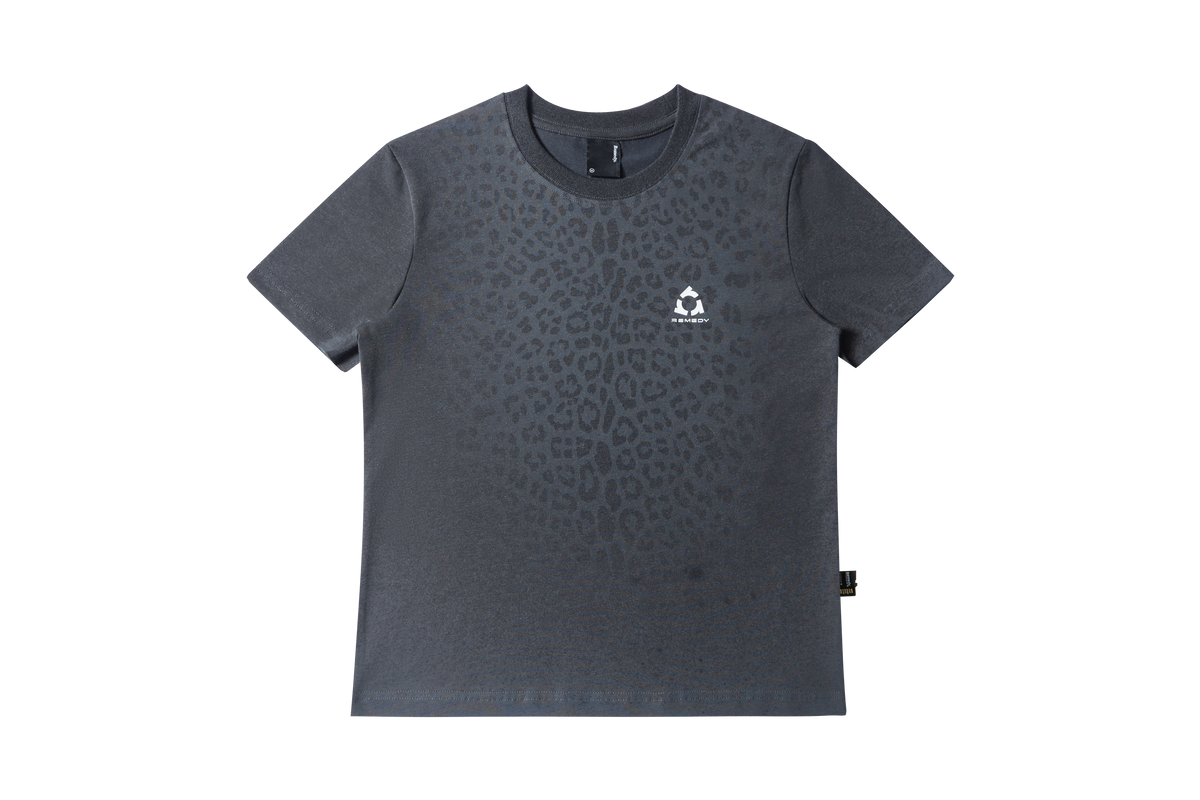 Fitted Crew Neck T-Shirt, Solid & Faded Leopard Print Short Sleeve Tee, Remedy Logo Basic Top