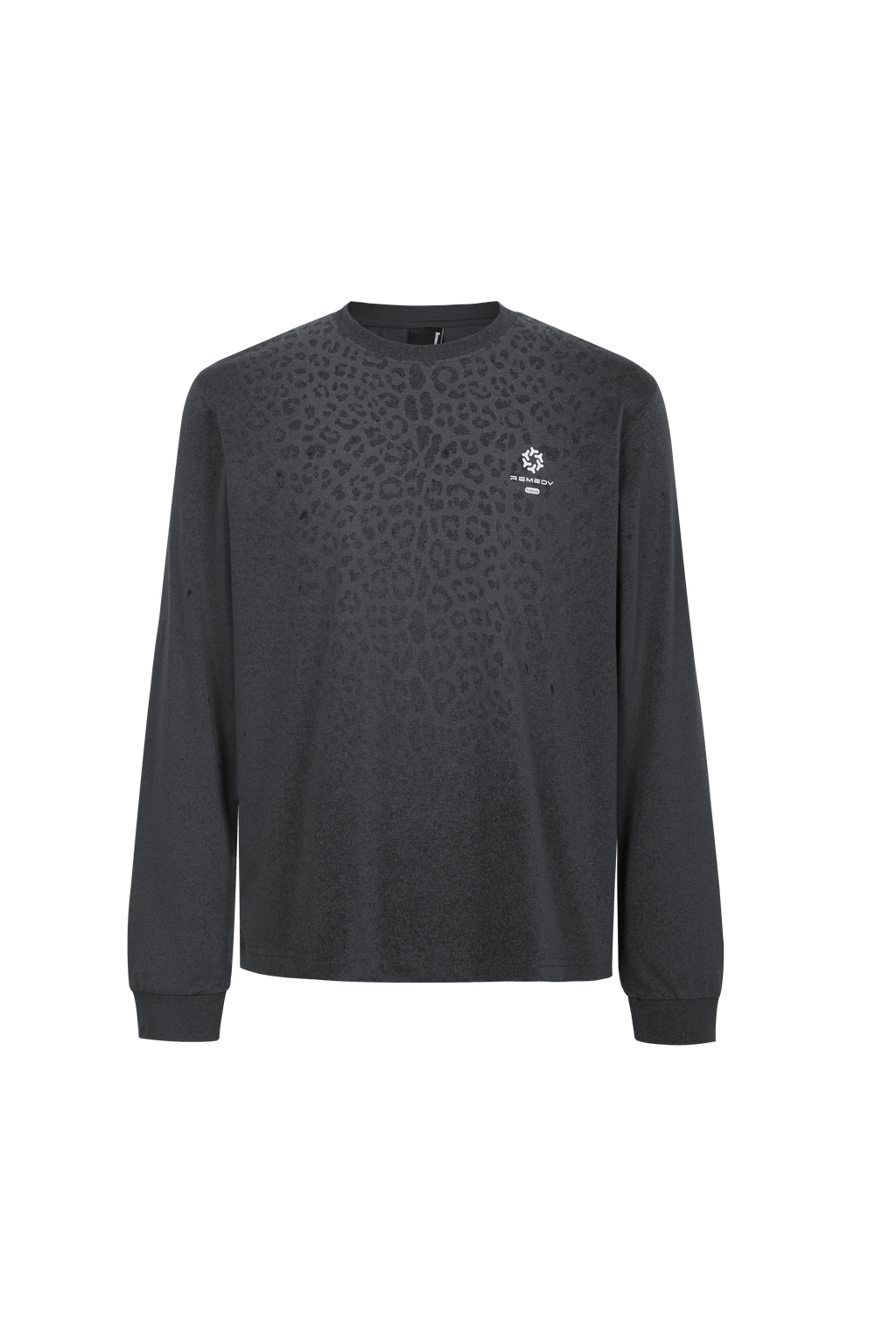 REMEDY Gradient Leopard Print Long Sleeve Tee, Minimal Logo Crew Neck Casual Loose Base Shirt