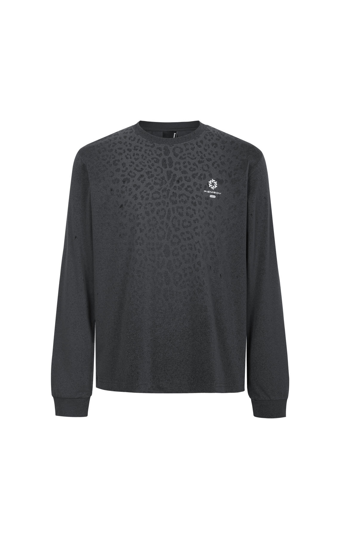REMEDY Gradient Leopard Print Long Sleeve Tee, Minimal Logo Crew Neck Casual Loose Base Shirt